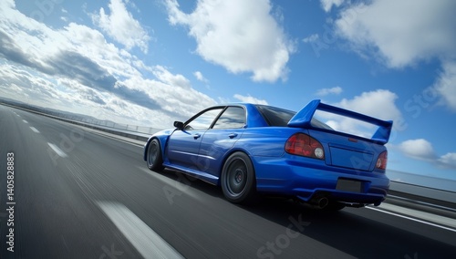 A blue sports car speeds along a wide highway, showcasing its sleek design and powerful rear wing. The setting features a vibrant blue sky and scattered clouds, emphasizing the thrill of driving