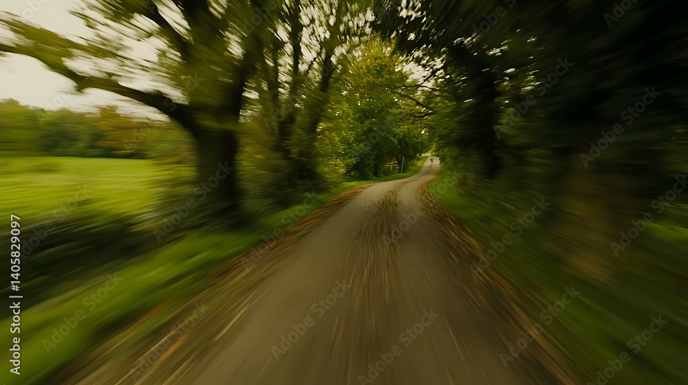 Fototapeta premium Blurred country lane winds through a leafy forest.
