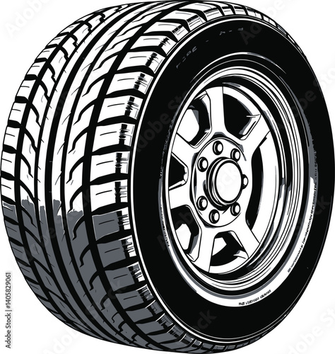 Detailed Black-and-White Illustration of a Classic Car Tire with Bold Tread Pattern