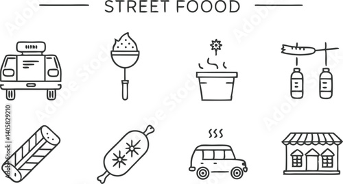 Street Food Icons Vendor Truck, Grill, Drinks, Snacks, Shop