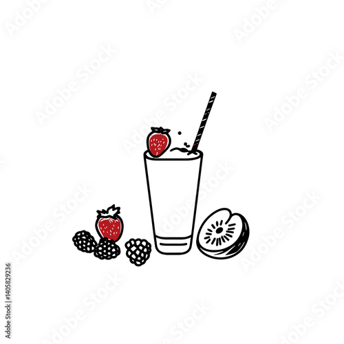 Fruit smoothie icon with berries and kiwi in black and red
