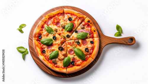 italian pizza on wooden pizza board isolated on white background flat lay top view shot