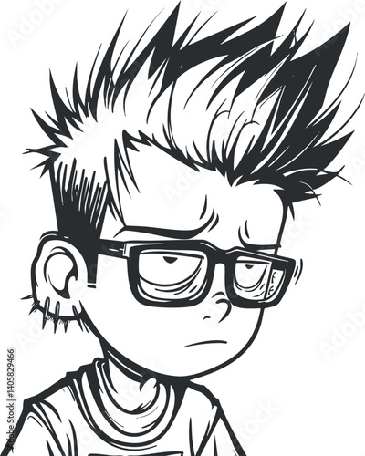 A cartoon illustration of a boy with spiky hair and glasses showing a thoughtful expression.