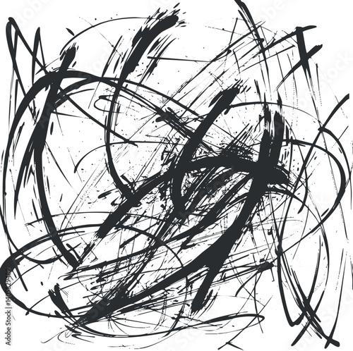 Abstract black lines and brushstrokes creating a chaotic and dynamic artistic design.