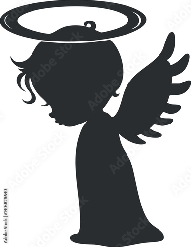 A graceful silhouette of an angel with wings and a halo, representing innocence and spirituality.