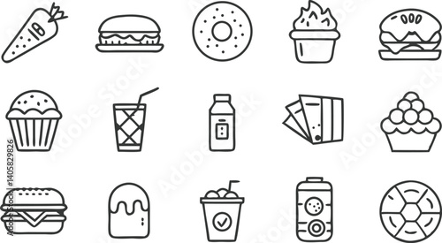 Food Icons Line Drawings of Burgers, Cupcakes, Drinks, and More