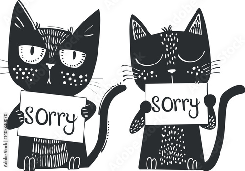 Two cute cats holding signs that say sorry in a playful black and white illustration.