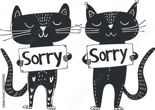 Two cute cartoon cats holding signs that say sorry, expressing a playful apology.