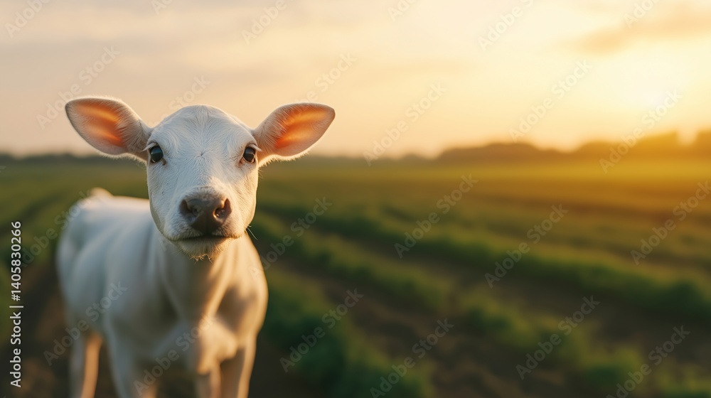 Obraz premium Adorable White Calf in Golden Sunset Meadow Rural Farm Animal Portrait