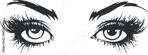 Stylized illustration of beautiful eyes with long eyelashes and an expressive gaze in black and white.