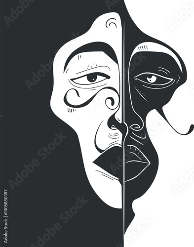 An abstract monochrome illustration featuring stylized faces conveying deep emotions and expressions.
