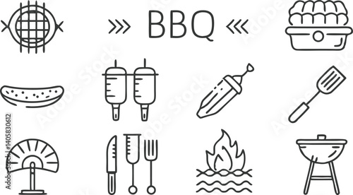 BBQ Grill Icons Utensils, Food, Fire, and Accessories