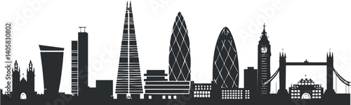 A black silhouette of London's iconic skyline featuring famous buildings and structures.