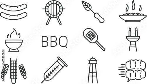 BBQ Grill Icons Sausages, Fire, Corn, Skewers, and More