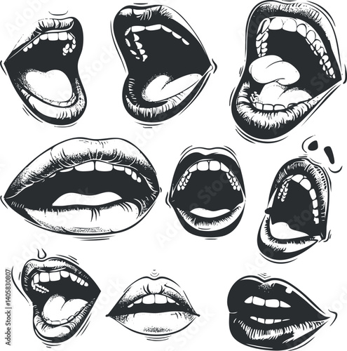 A collection of expressive mouth illustrations showcasing various shapes and emotions in black and white.
