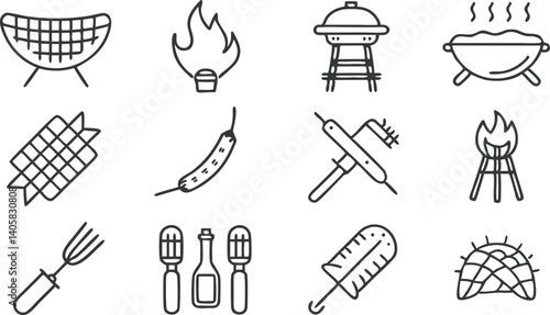 Barbecue Grill Icons Fire, Food, Utensils, and Grilling
