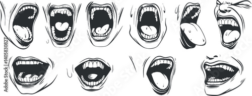 Various mouth expressions depicting emotions like screaming laughing and talking for illustrative purposes.