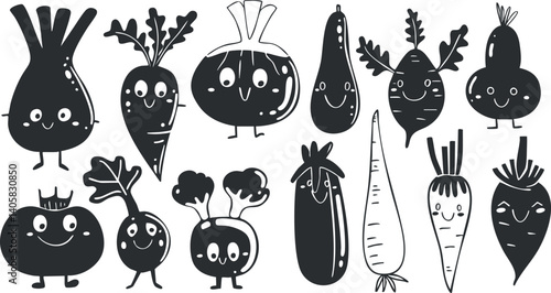 A collection of cute cartoon vegetables with smiling faces in black and white illustration.