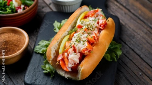 hot dog with mustard and shrimps