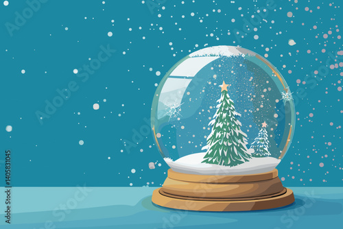 Image of winter scenery with snow globe, twinkling stars and snow falling on green background. Christmas season festivity concept digitally generated image.