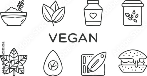 Vegan Food Icons Bowl, Leaves, Jar, Cup, Burger, PlantBased Menu