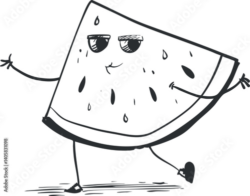 A playful cartoon illustration of a smiling watermelon character walking happily.