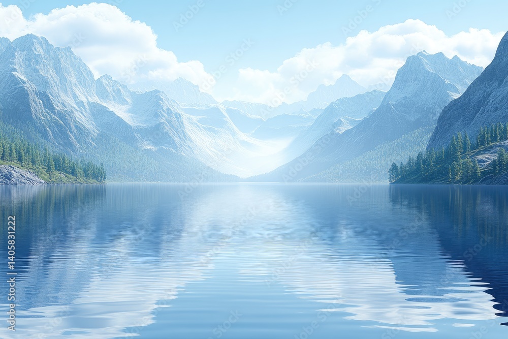Serene lake surrounded by majestic mountains under a bright sky reflects the landscape on still waters Serene lake surrounded by majestic mountains under a bright sky reflects the landscape on still waters