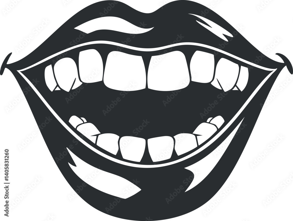 Naklejka premium A bold graphic illustration of an open mouth showcasing bright teeth and a joyful expression.