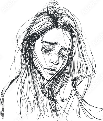 A delicate line art sketch of a woman expressing sadness and introspection through her facial features.