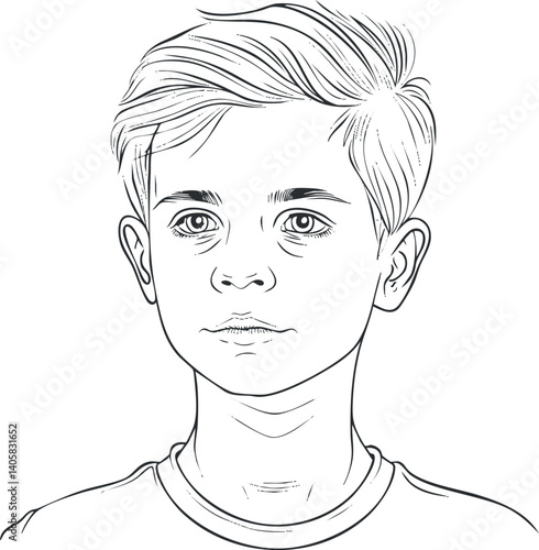 A detailed line art portrait of a young boy with short hair and a curious expression.