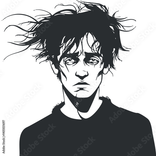 An expressive black and white illustration of a sad young man with disheveled hair.