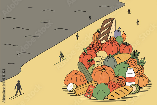 14 Surreal landscape, giant pile of colorful food, fruits and vegetables, bread, dairy products, ocean divide, barren field, tiny human figures, cloudy sky, contrast between abundance and scarcity, di