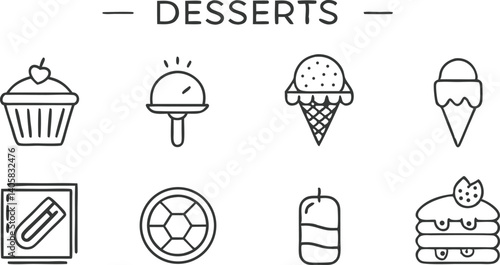 Sweet Desserts Icons Cupcake, Ice Cream, Candy, Pancakes