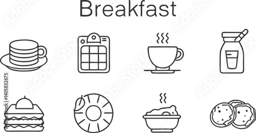 Breakfast Menu Icons of Waffles, Pancakes, Cereal, Coffee, and More