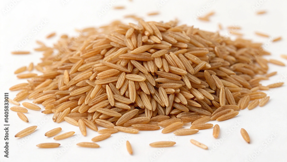 Obraz premium A collection of light brown, raw rice grains is piled in the center and dispersed on a white background, ready for cooking.