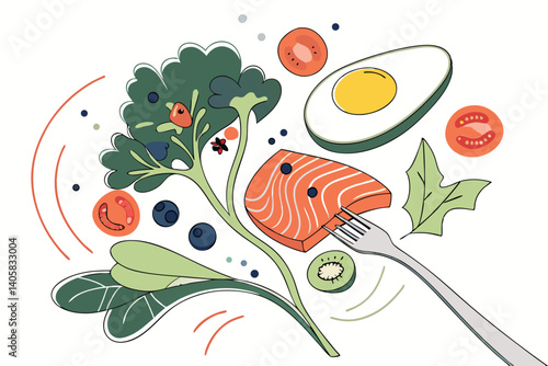 15 Colorful food ingredients balanced on a fork, healthy eating concept, vibrant vegetables and proteins, fried egg, salmon, avocado, broccoli, tomatoes, blueberries, photorealistic, high detail, stud