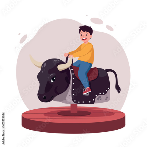 A young boy joyfully riding a mechanical bull on a carnival platform in flat vector art style showcasing excitement and playful atmosphere