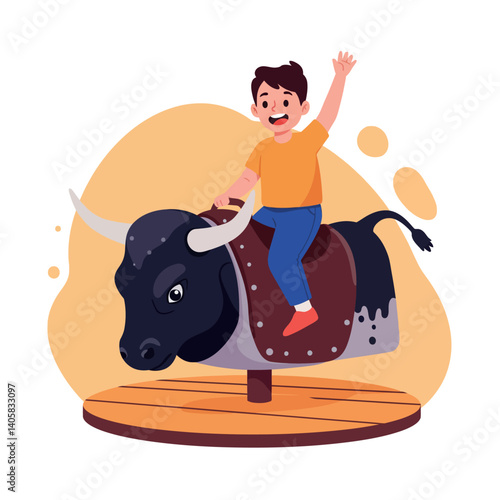 A joyful boy riding a mechanical bull in a playful setting, showcasing bright colors and a fun atmosphere in flat vector illustration