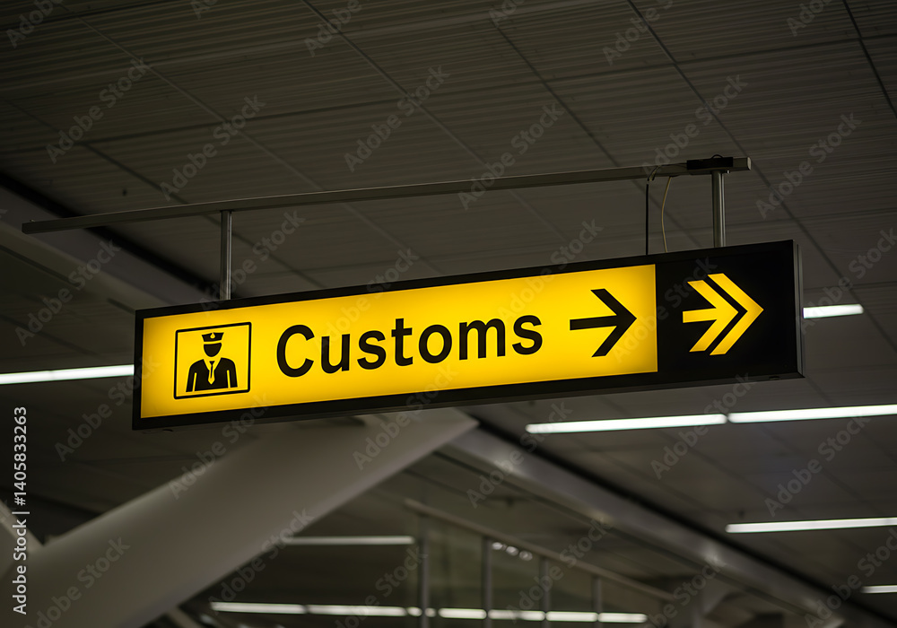 A lit-up customs sign with an arrow, guiding travelers towards the customs area at an airport.