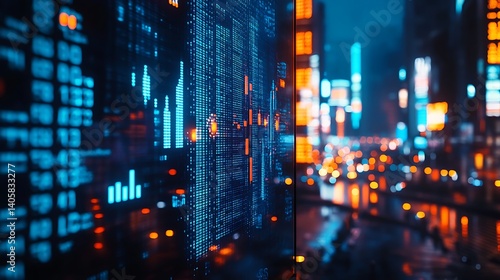 Wallpaper Mural Futuristic Cityscape with Digital Stock Market Display, A futuristic cityscape at night with digital stock market data displayed on a glass wall Torontodigital.ca