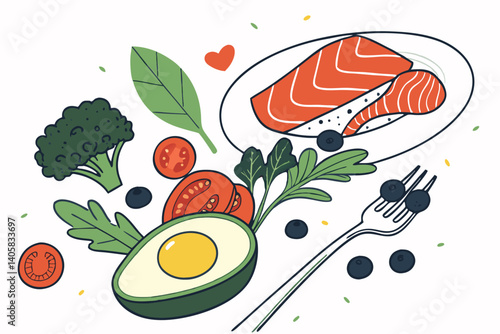 15 Colorful food ingredients balanced on a fork, healthy eating concept, vibrant vegetables and proteins, fried egg, salmon, avocado, broccoli, tomatoes, blueberries, photorealistic, high detail, stud