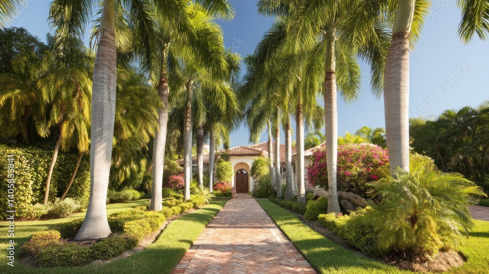 Obraz premium Luxury home, palm trees, beautiful garden, blue sky. Brick walkway leads to mansion entrance. Rich neighborhood in Florida. 