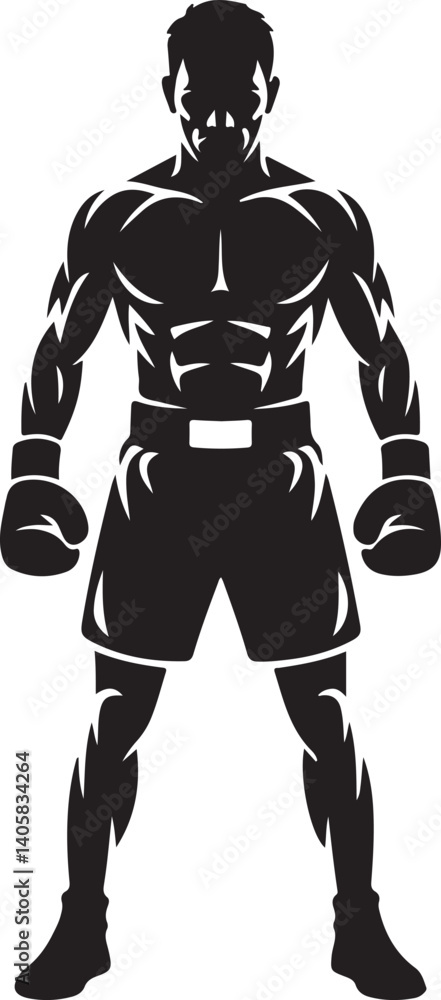 Strong Boxer Silhouette Vector Graphic With Muscular Physique And Boxing Gloves Strong Boxer Silhouette Vector Graphic With Muscular Physique And Boxing Gloves