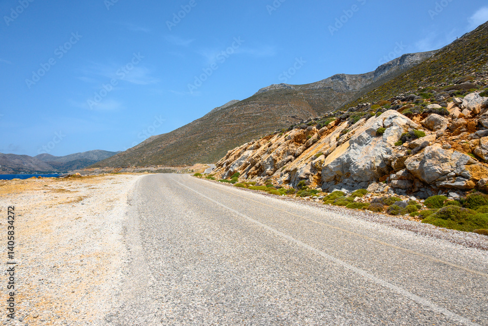 Asphalt road on Amorgos island. Cyclades, Greece