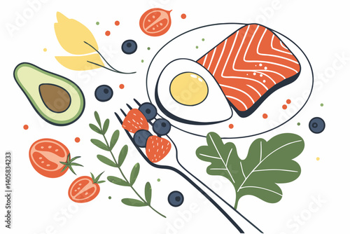 15 Colorful food ingredients balanced on a fork, healthy eating concept, vibrant vegetables and proteins, fried egg, salmon, avocado, broccoli, tomatoes, blueberries, photorealistic, high detail, stud