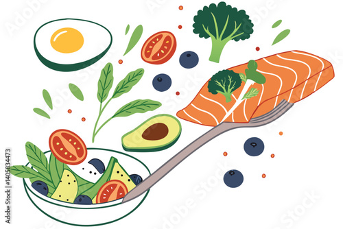 15 Colorful food ingredients balanced on a fork, healthy eating concept, vibrant vegetables and proteins, fried egg, salmon, avocado, broccoli, tomatoes, blueberries, photorealistic, high detail, stud