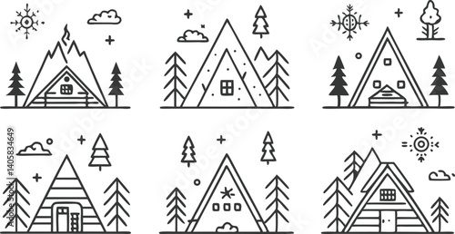 Six Mountain Cabin Illustrations Line Art, Winter, Nature Scenes