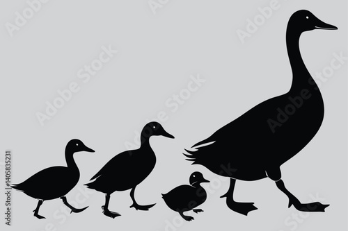 A  duck family walking in a row  image silhouette vector art and illustration