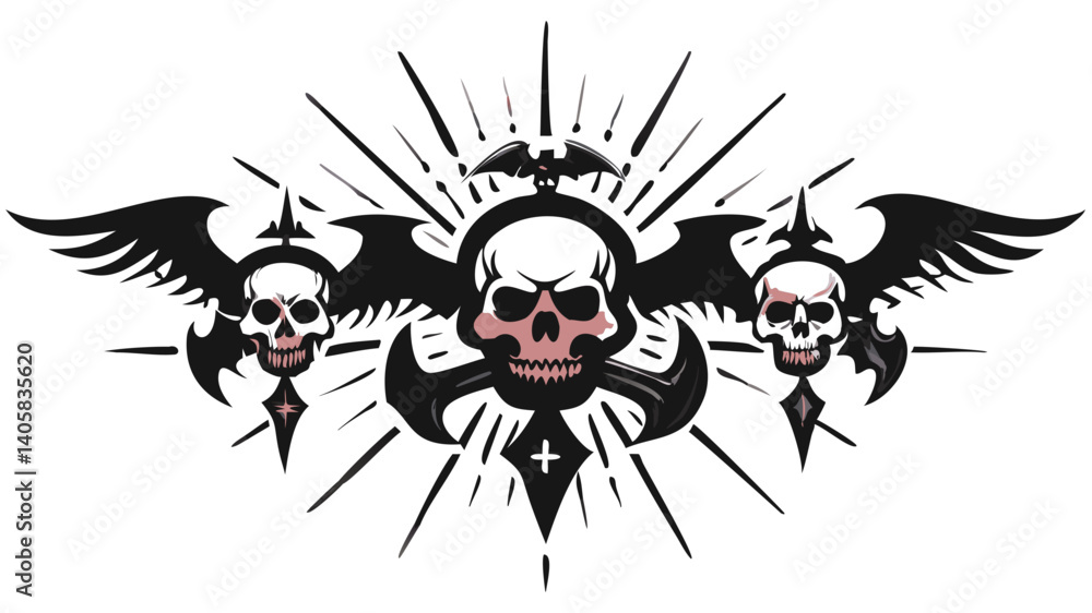 Obraz premium Gothic Skull Tattoo Design with Wings, Crosses, and Rays in Dark Vector Style