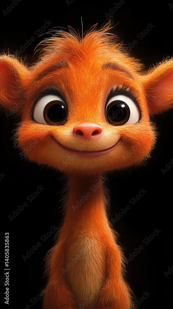 Cartoonish orange creature with big, expressive eyes, a small nose, and a gentle smile on a black background Cartoonish orange creature with big, expressive eyes, a small nose, and a gentle smile on a black background